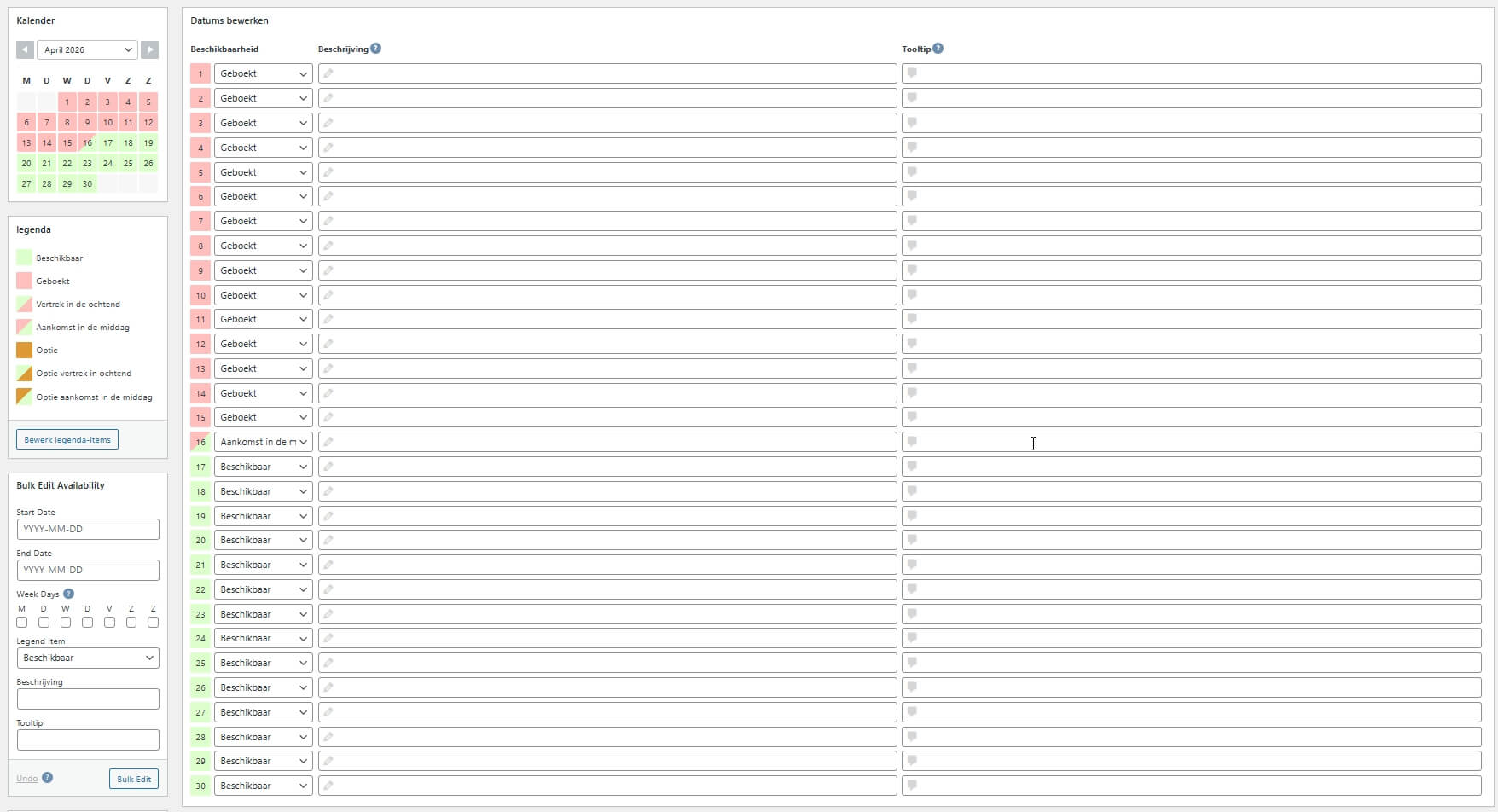 Bewerk beschikbaarheid WP Simple Booking Calender Bewerk beschikbaarheid WP Simple Booking Calender